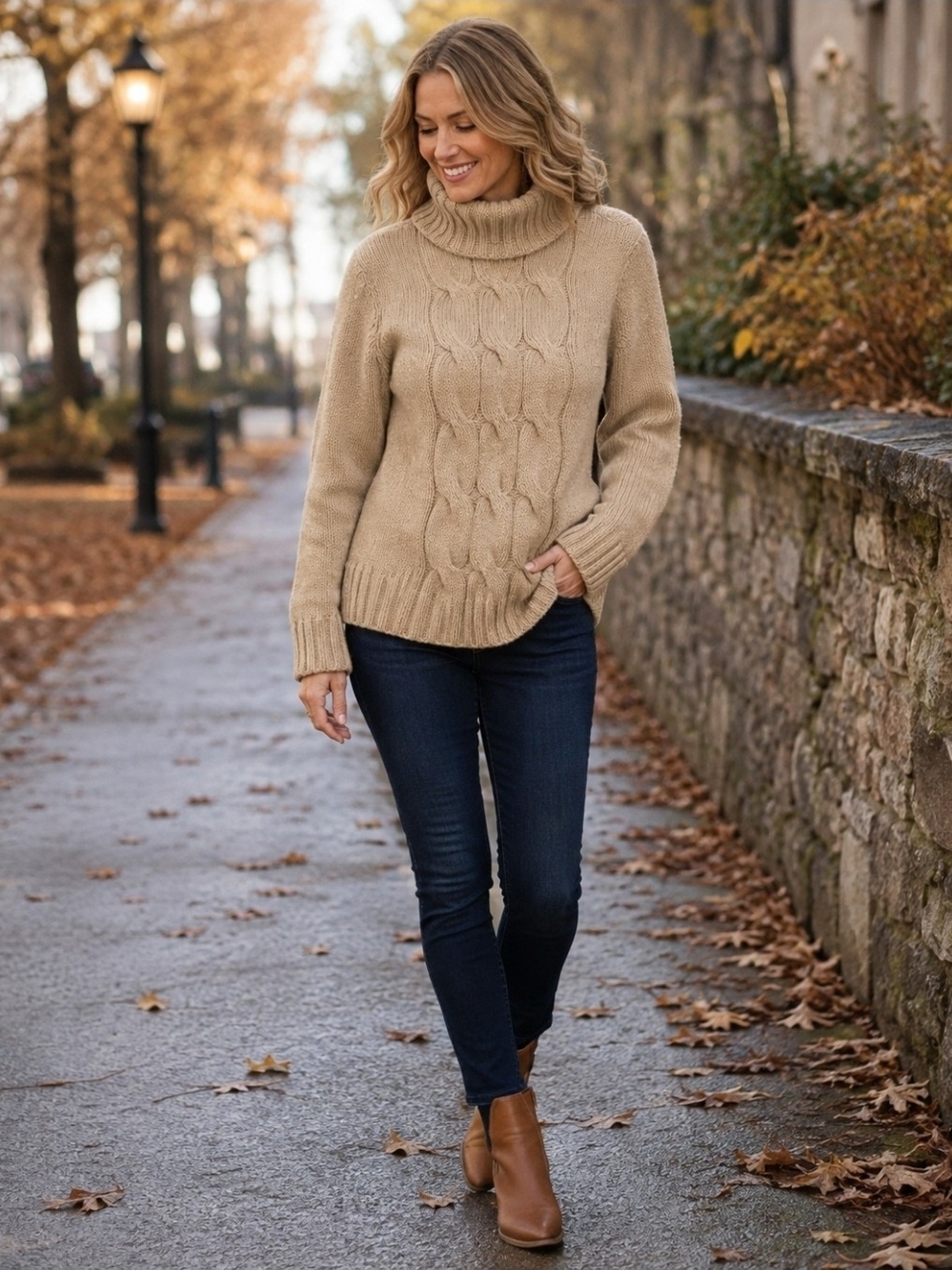 New York & Company Cable Turtleneck Sweater in Tan